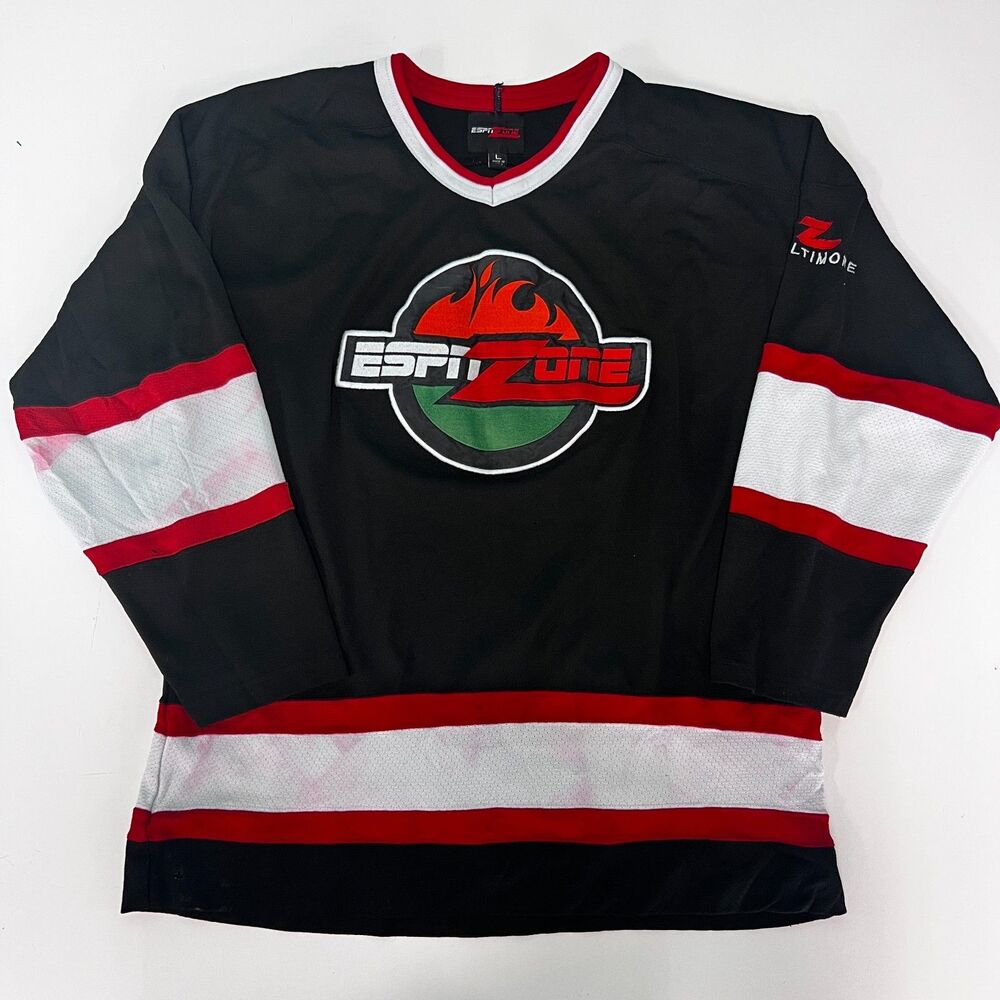 Vintage ESPN Zone Baltimore Hockey Jersey L Black Red Sewn Logo Promo Y2K
